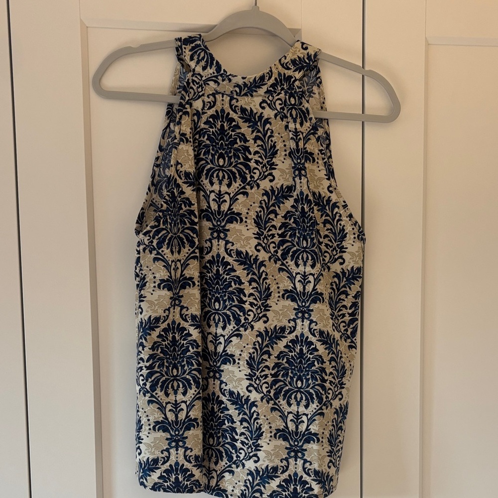 Blue and Cream Patterned Sleeveless Top